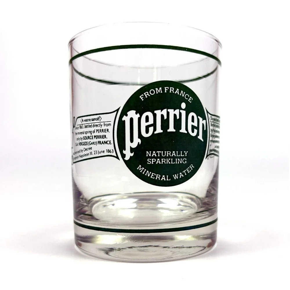 VTG 80s Perrier Tumbler Glass Sparkling Mineral Water C'est Fou Retro Advertisng